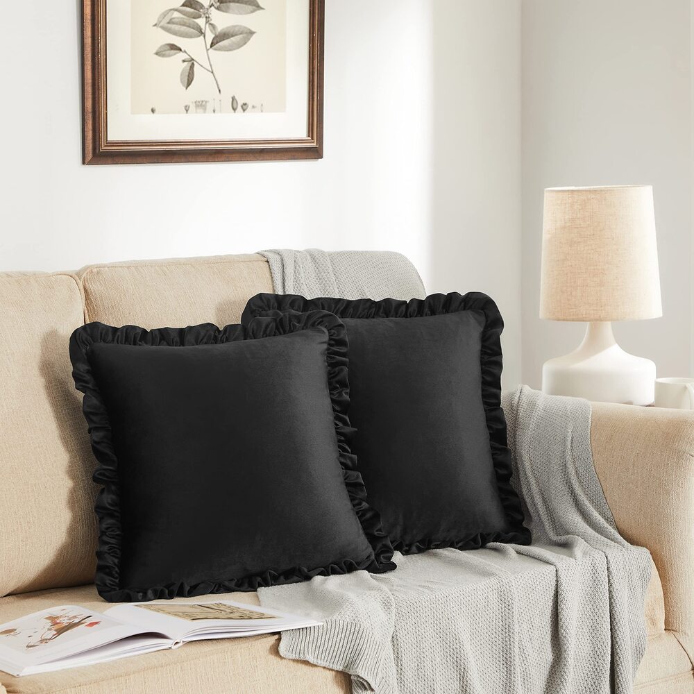 6560 Velvet Black 20x20 Pillow Covers, Set of 2 Decorative Ruffle Cushoin